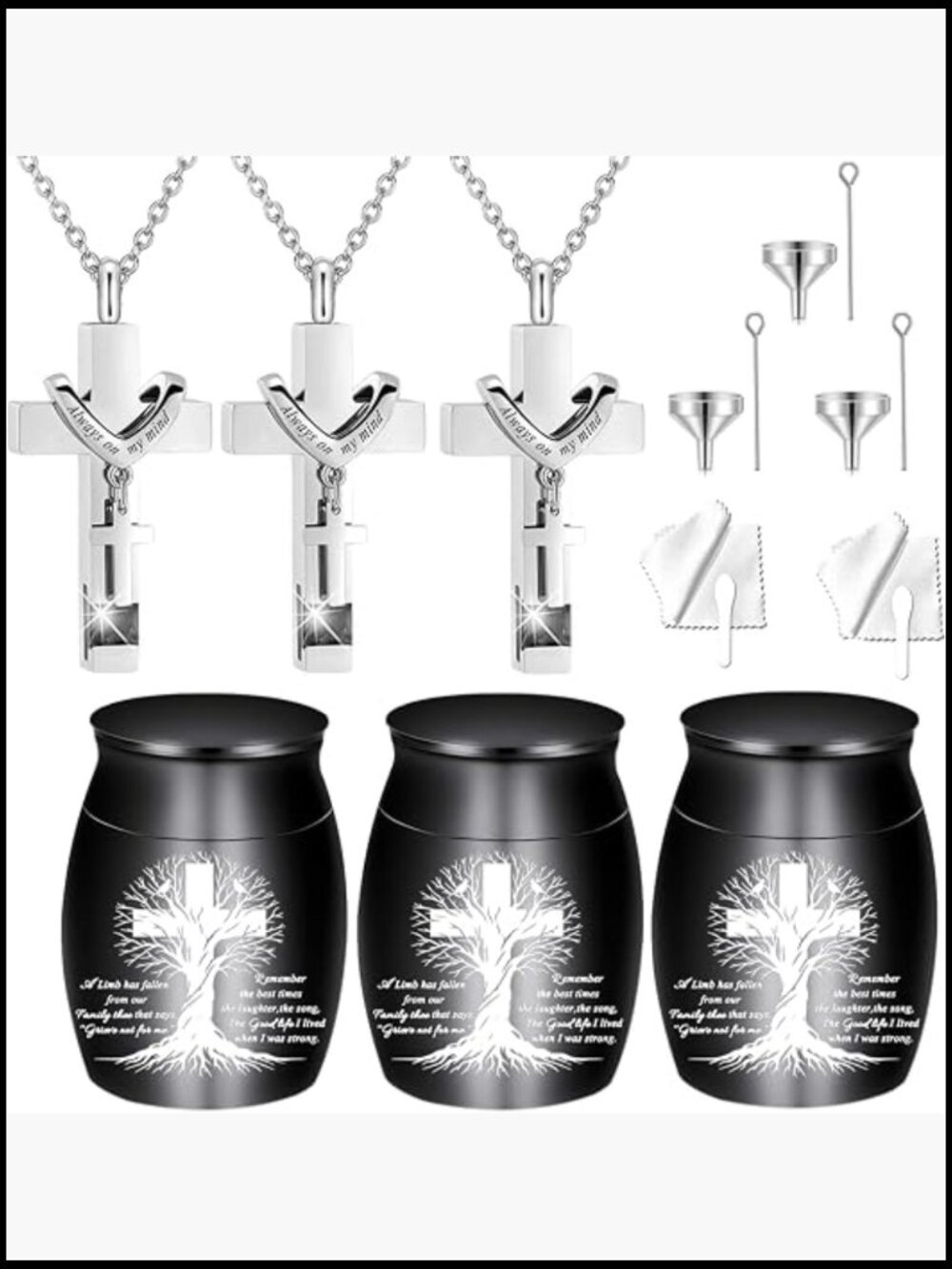 6 Cross Cremation Urn Necklaces for Ashes Threaded Lid Keepsake Pendant Set
